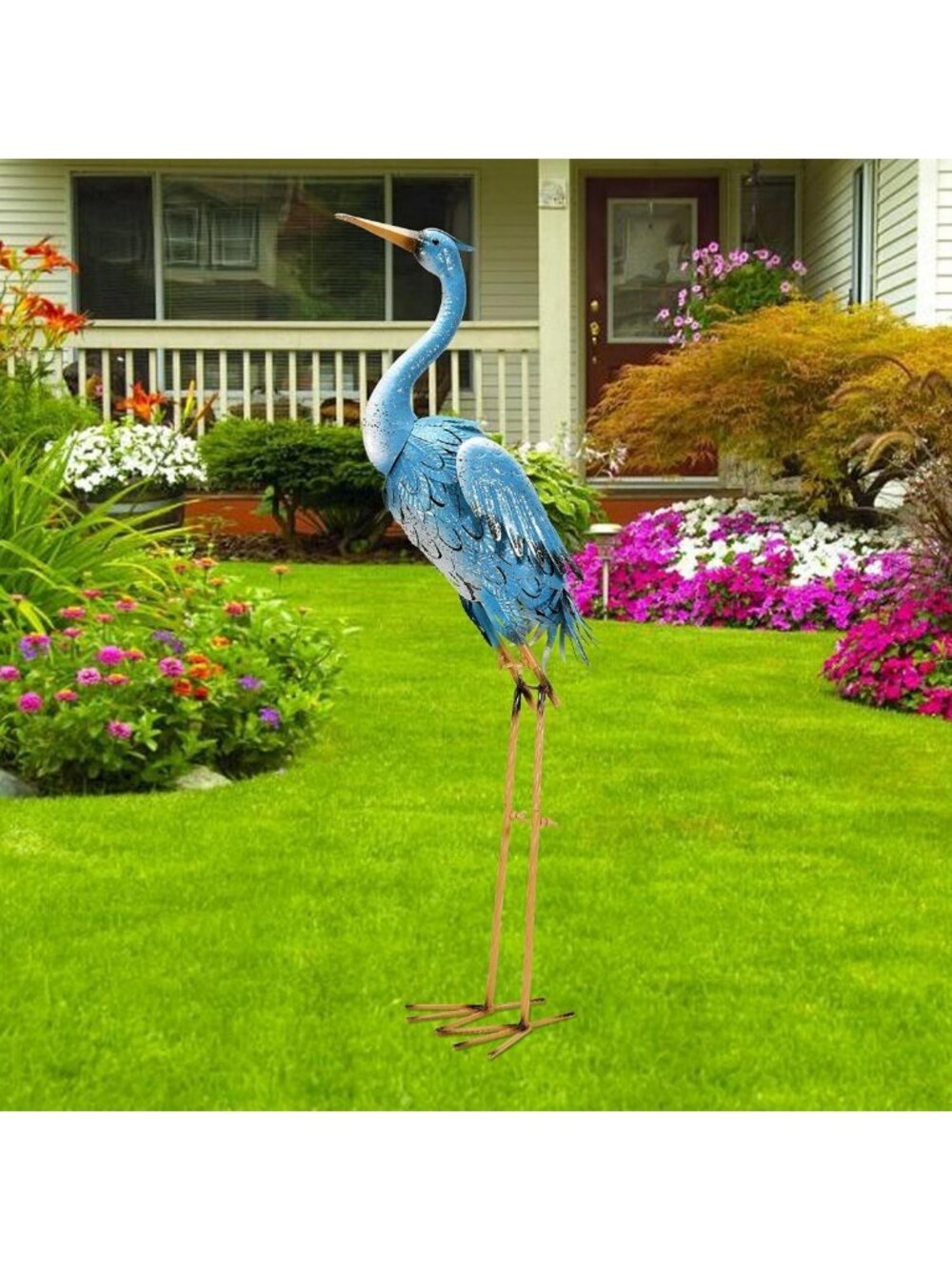 Large Blue Metal Crane Garden Statue - Indoor Outdoor Heron Sculpture for Patio